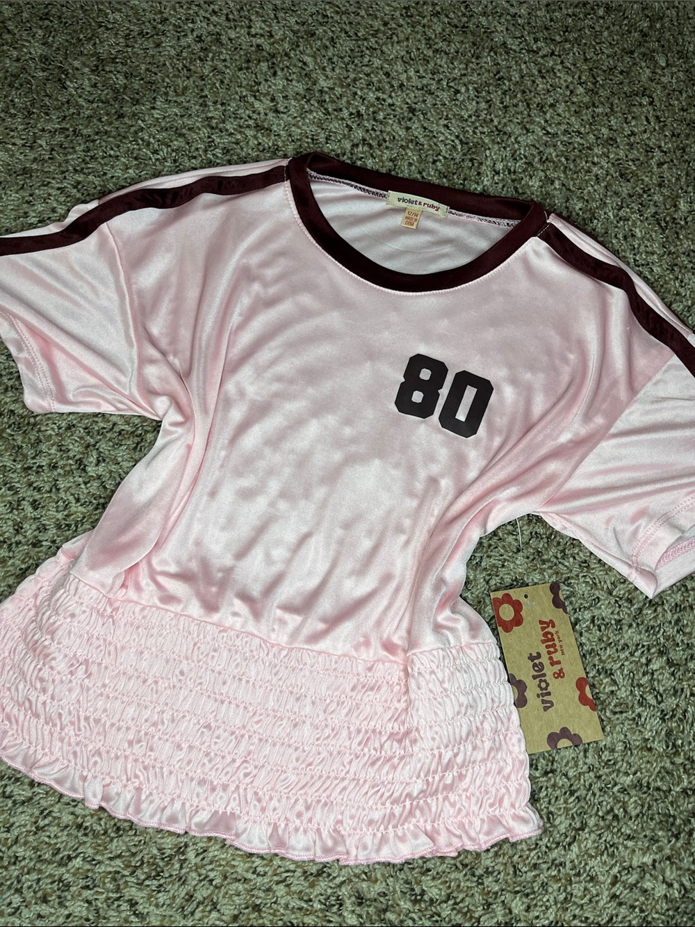 Pink Satin '80' Ringer Tee with Maroon Trim